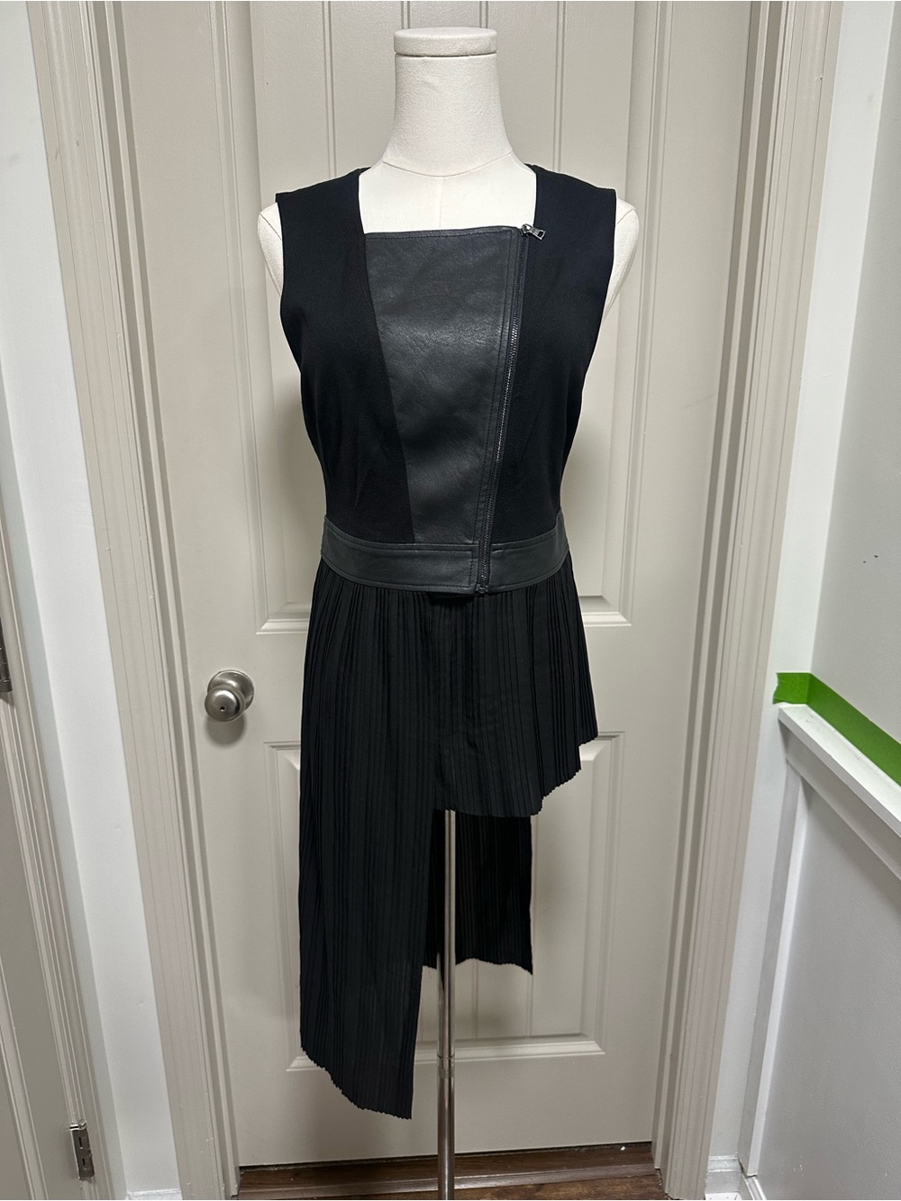 BCBGMaxAzria Black Asymmetrical Pleated Dress with Faux-Leather Panel